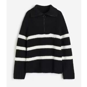 H&M Black and White Striped Half-Zip Turtleneck Sweater